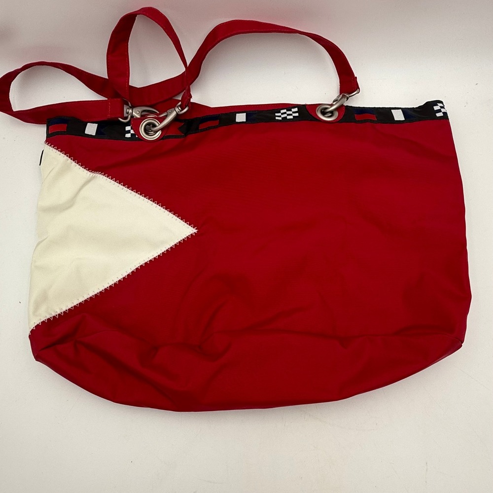 LL Bean Red Nautical Signal Flag Tote Bag Sailcloth Nylon Beach Travel Bag